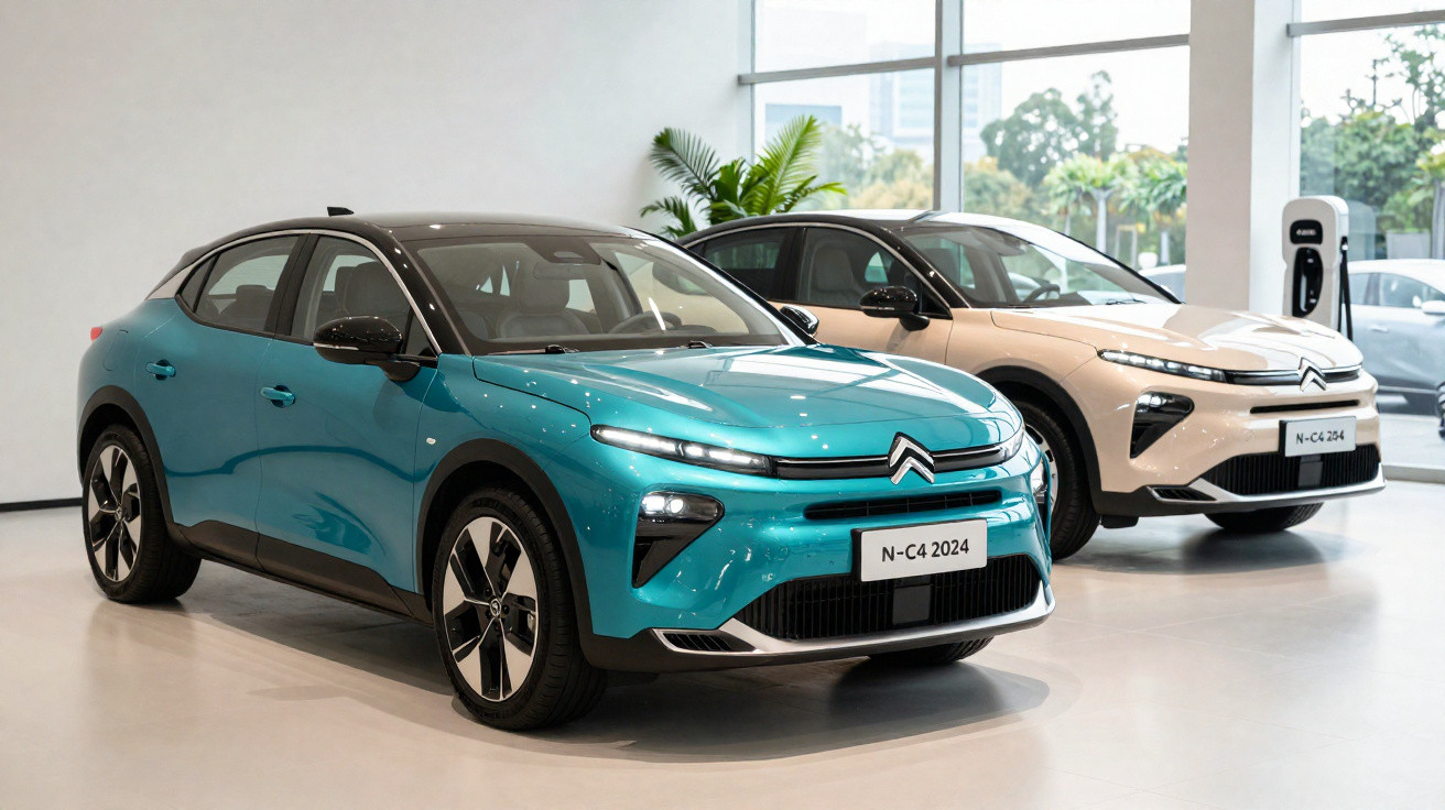Dois carros elétricos Citroën N-C4 2024, um azul e um branco, em exposição interna com carregador ao fundo.