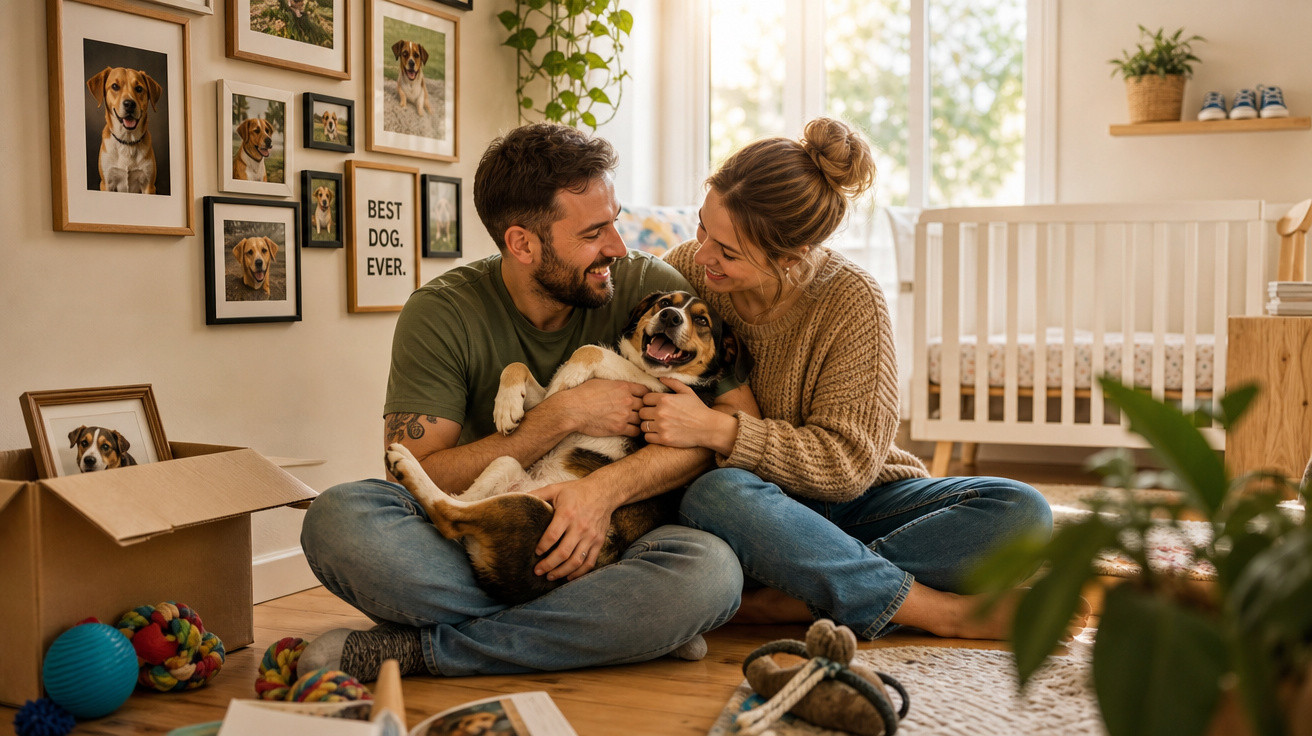 Casal sentado no chão sorrindo e abraçando um cachorro em sala iluminada e decorada com fotos de cães.