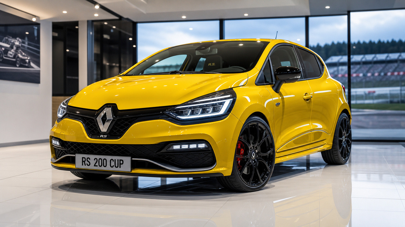 Carro esportivo Renault RS 200 Cup amarelo estacionado em showroom moderno com piso branco.
