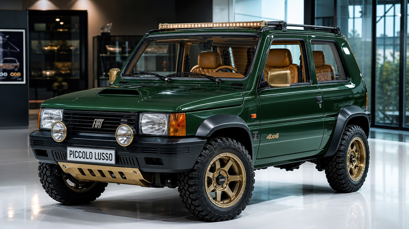 Carro 4x4 verde escuro com faróis auxiliares e rodas douradas em ambiente interno moderno.