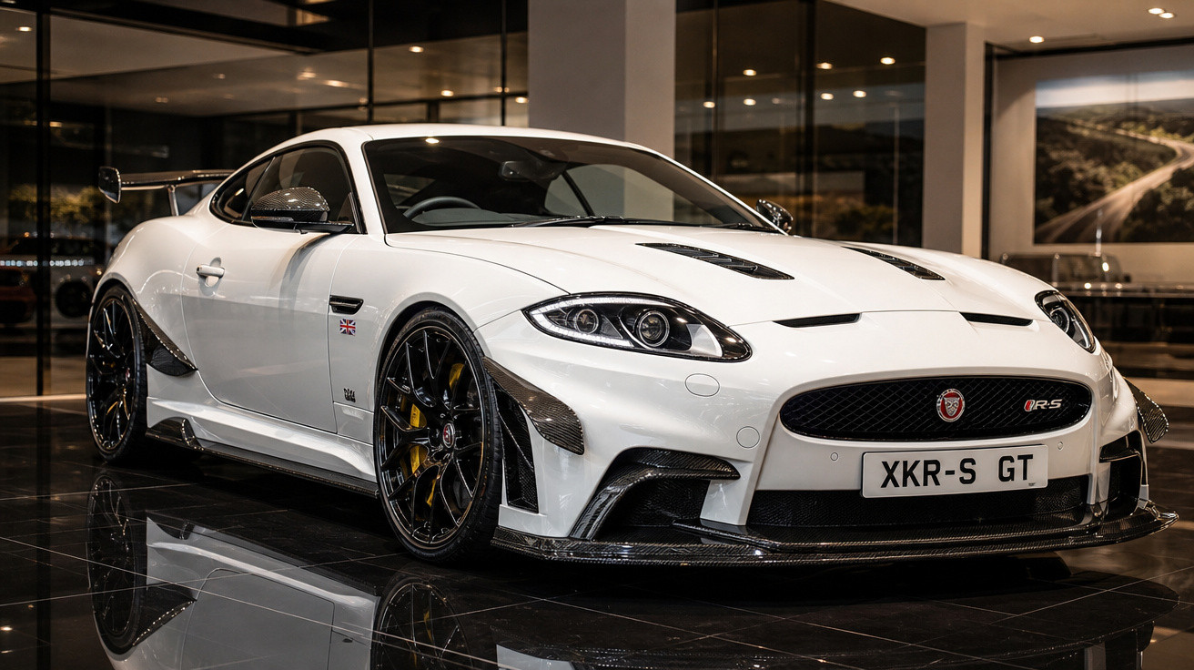 Carro esportivo branco Jaguar XKR-S GT em exibição em showroom elegante com piso refletivo.