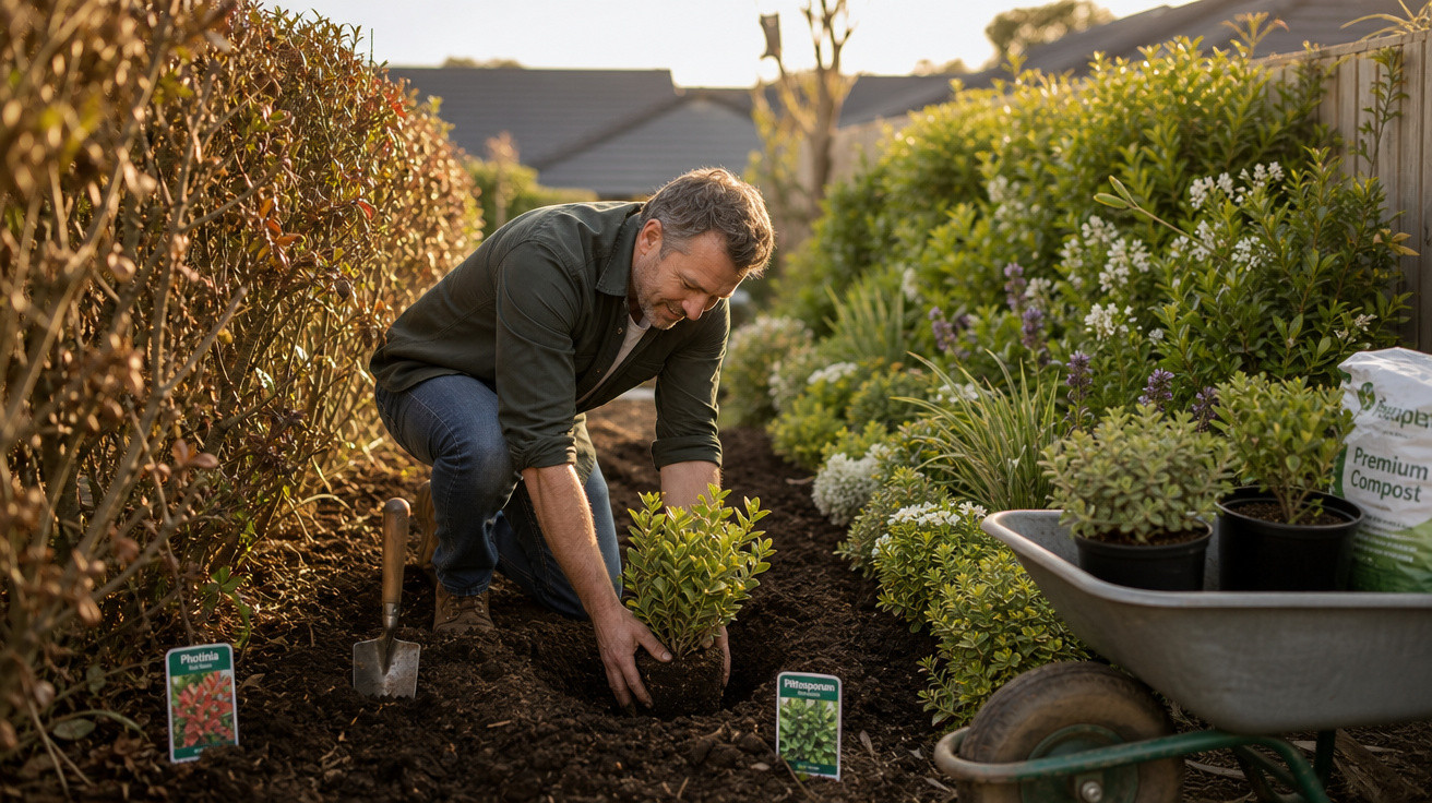 Homem plantando muda em jardim com cercas vivas, carrinho com plantas e saco de adubo ao lado.