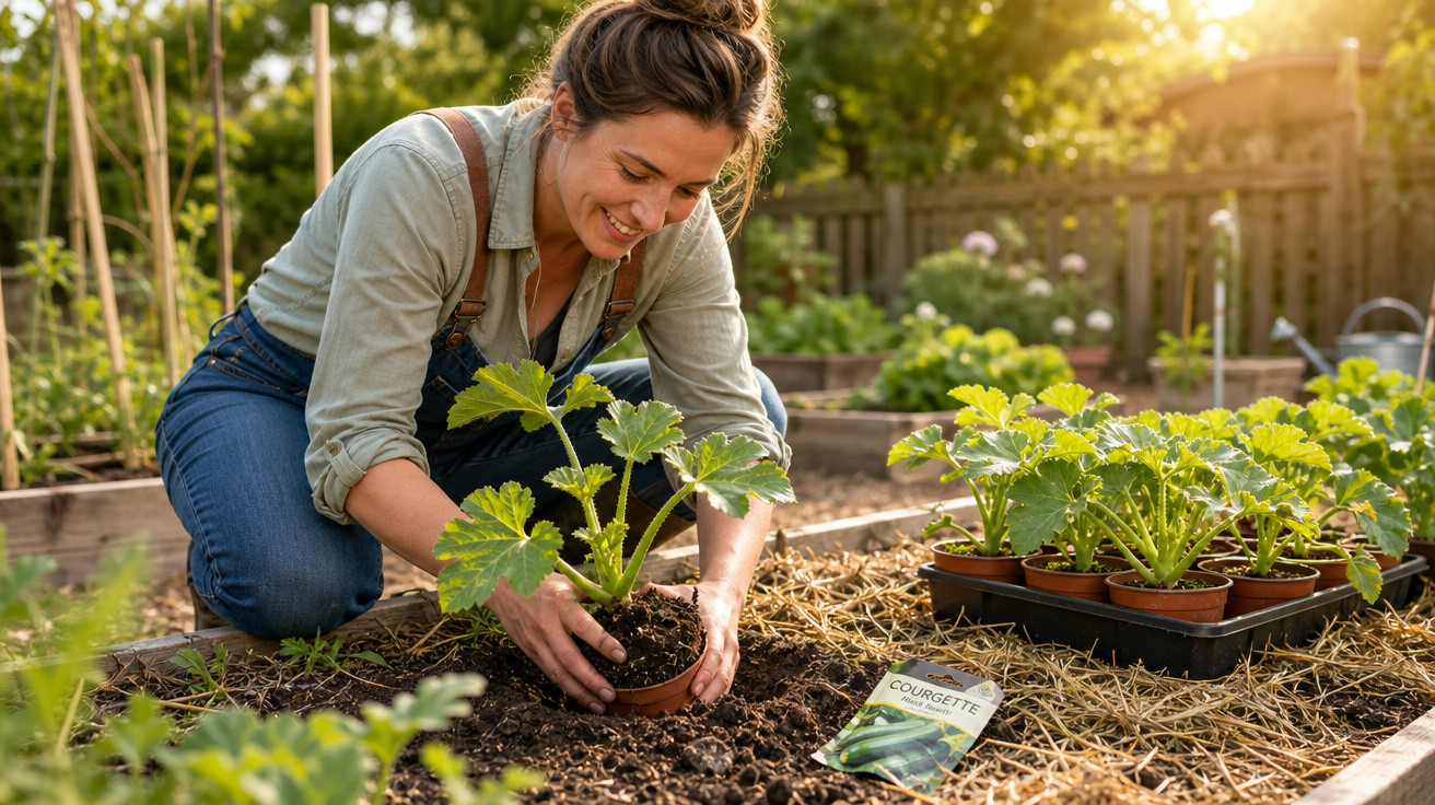 Mulher sorrindo plantando muda de abobrinha em jardim com vasos e solo preparado ao entardecer.