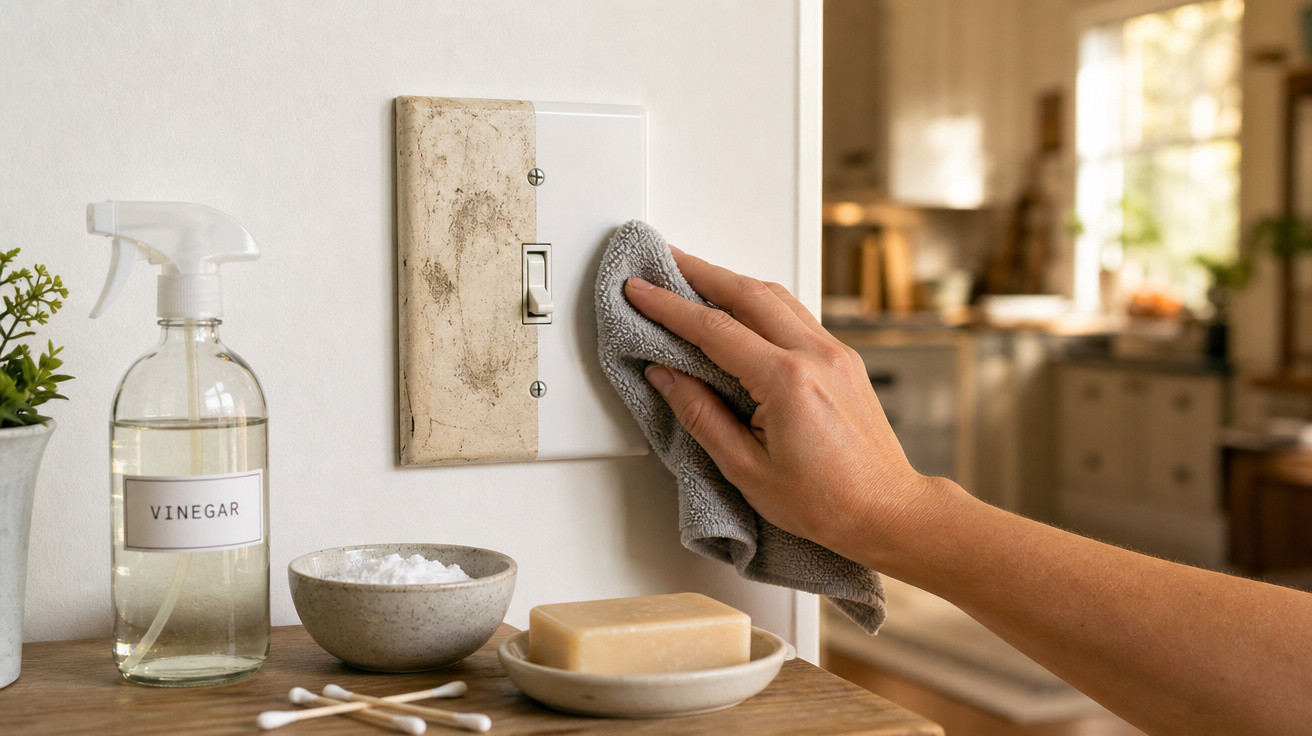 Mão limpando interruptor de luz sujo na parede com pano cinza em ambiente doméstico iluminado.