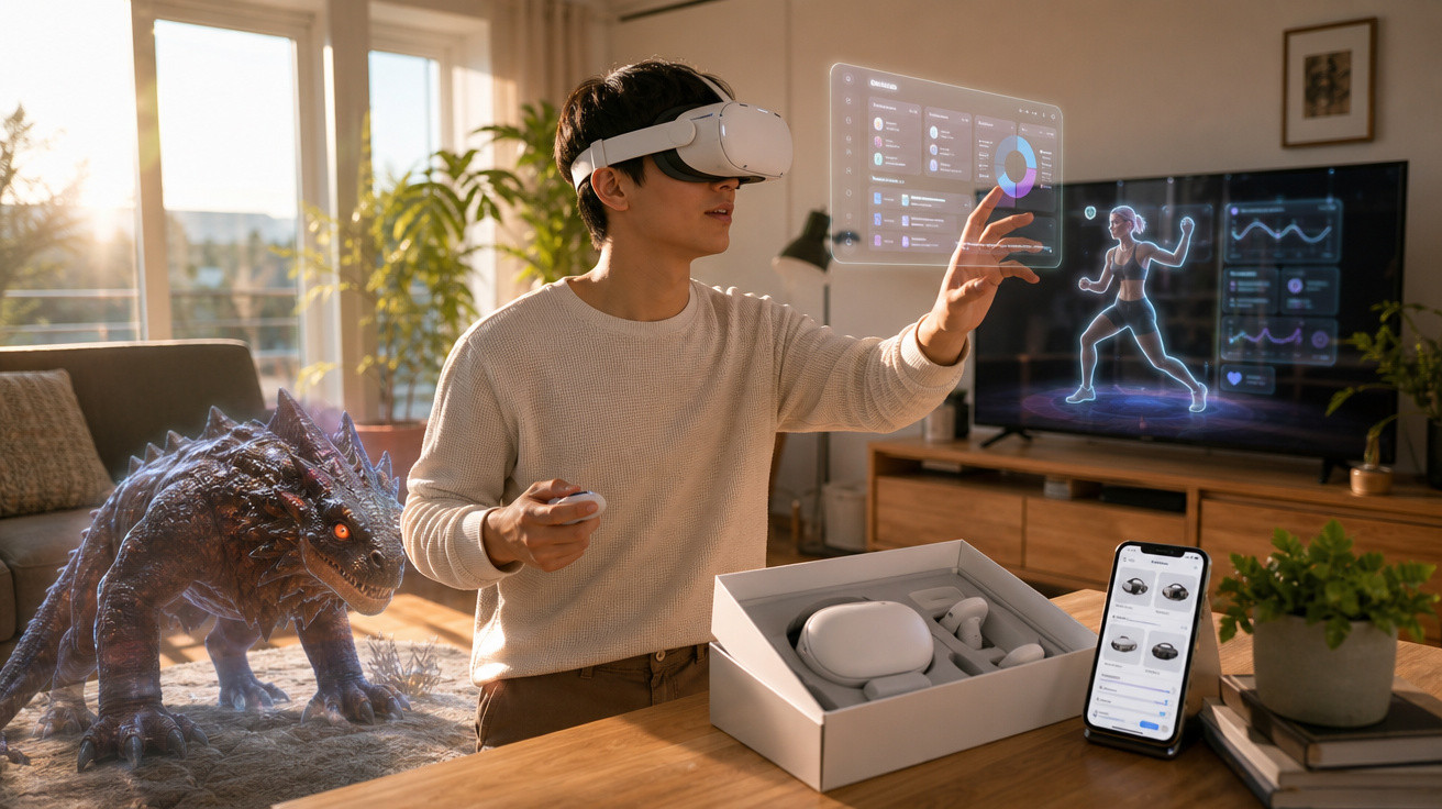 Jovem usando óculos de realidade virtual interagindo com hologramas em sala com dragão virtual ao lado.