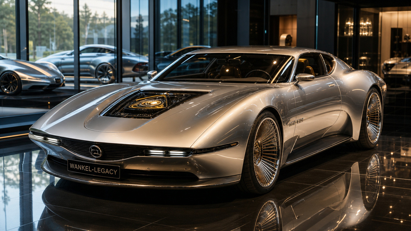 Carro esportivo prateado Wankel-Legacy com design futurista em showroom moderno com vidro e piso refletivo.