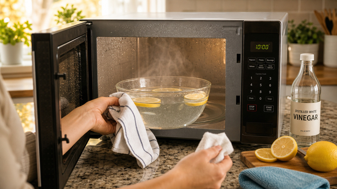 Pessoa retirando tigela de vidro com água e limão do micro-ondas em cozinha iluminada.