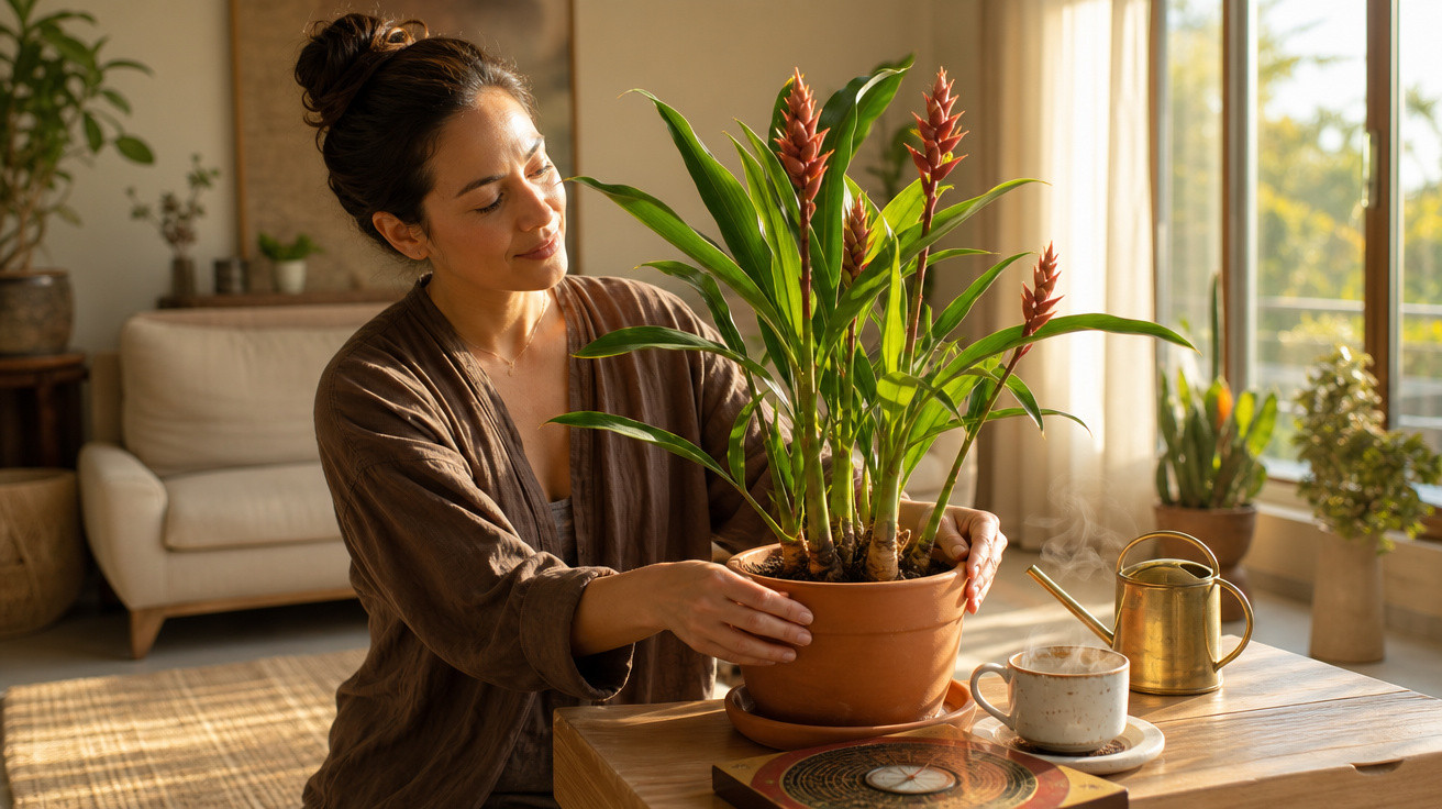 Mulher cuidando de planta com flores vermelhas em vaso dentro de sala bem iluminada pela luz natural.