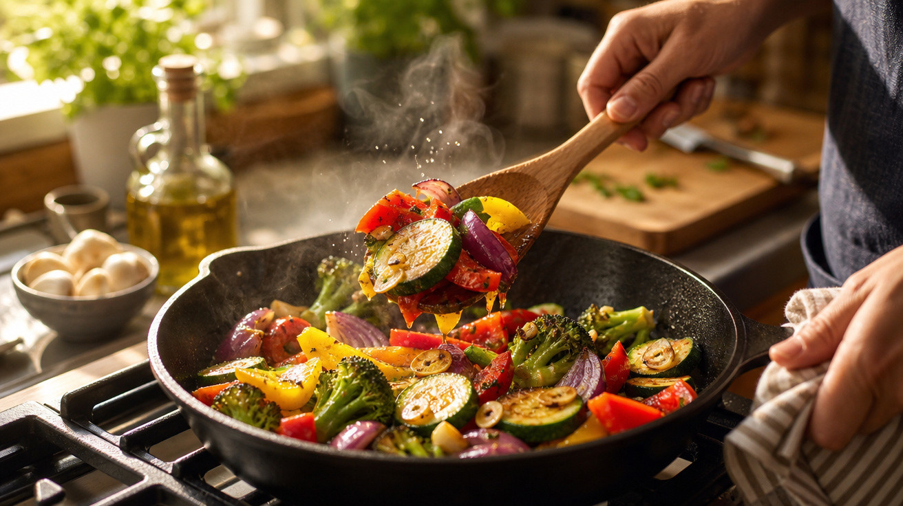 Pessoa mexendo legumes coloridos refogados em frigideira preta na cozinha iluminada pela janela.