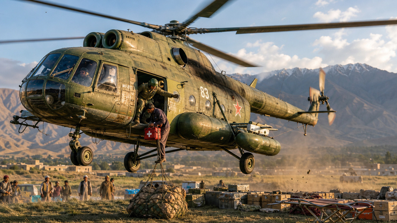 Helicóptero militar verde em voo baixando equipamento com cordas em área montanhosa com pessoas ao redor.