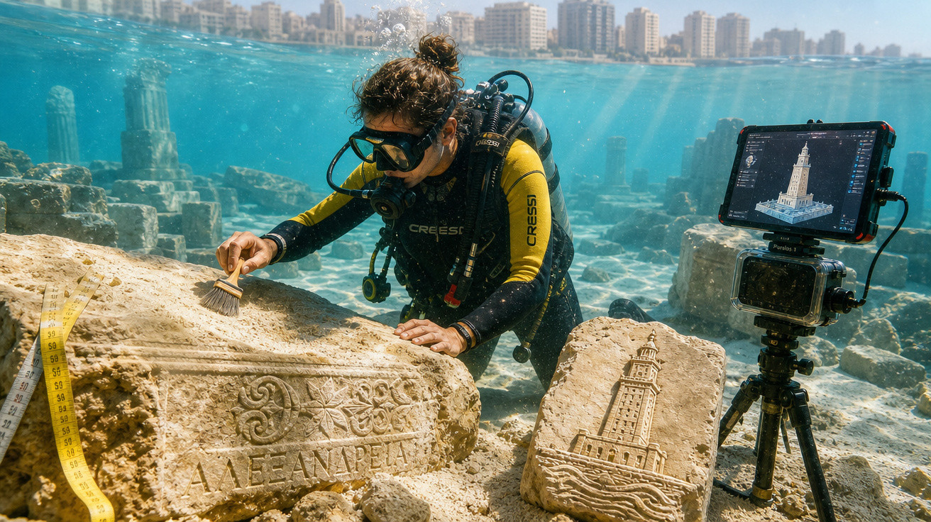 Mergulhadora arqueóloga limpa pedra com inscrições submersa, com ruínas antigas e cidade ao fundo.