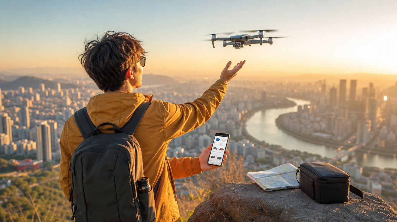 Jovem com mochila controla drone com smartphone em mirante com vista para cidade e rio ao pôr do sol.