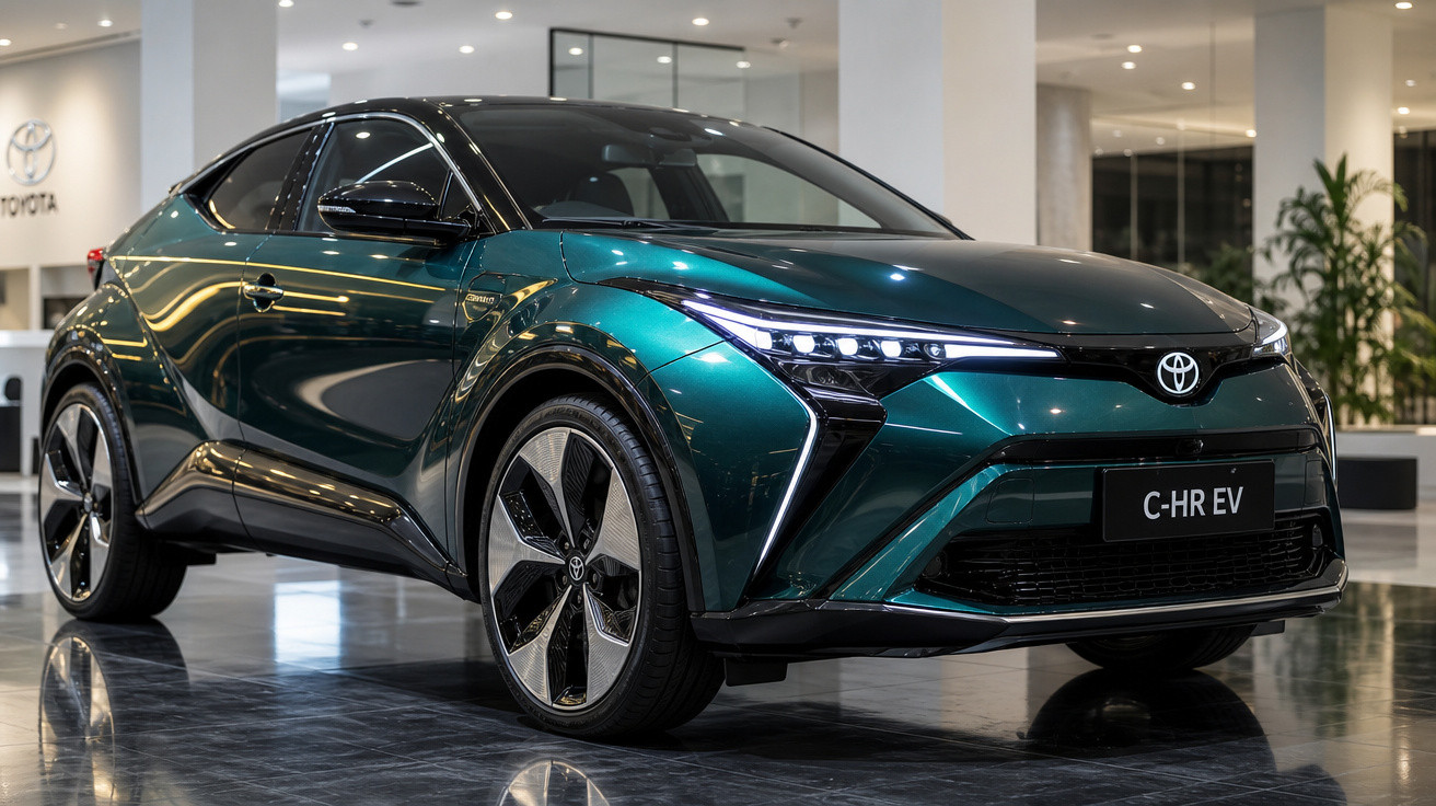Carro elétrico Toyota C-HR EV verde metálico exibido em showroom moderno e iluminado.