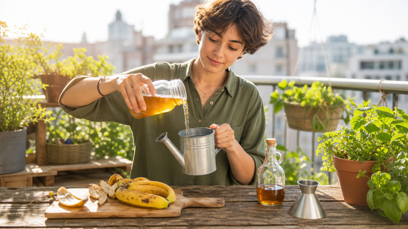 Jovem derramando líquido em regador metálico em varanda com plantas e frutas em mesa de madeira.