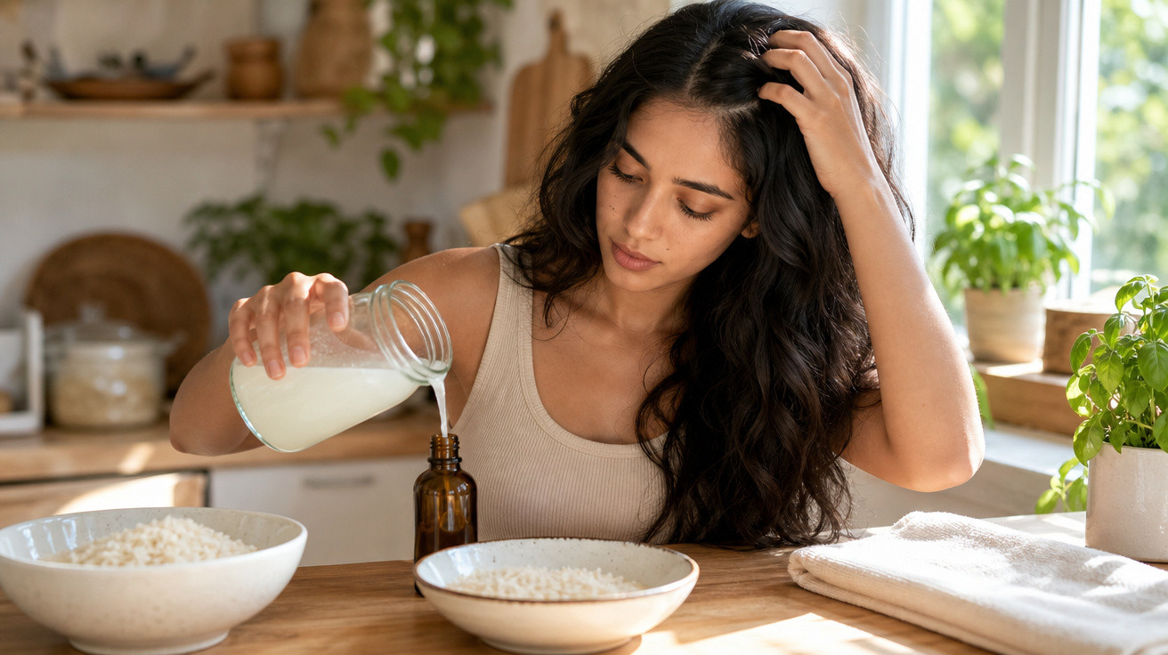 Mulher jovem derramando líquido branco em um recipiente na cozinha iluminada com plantas ao fundo.