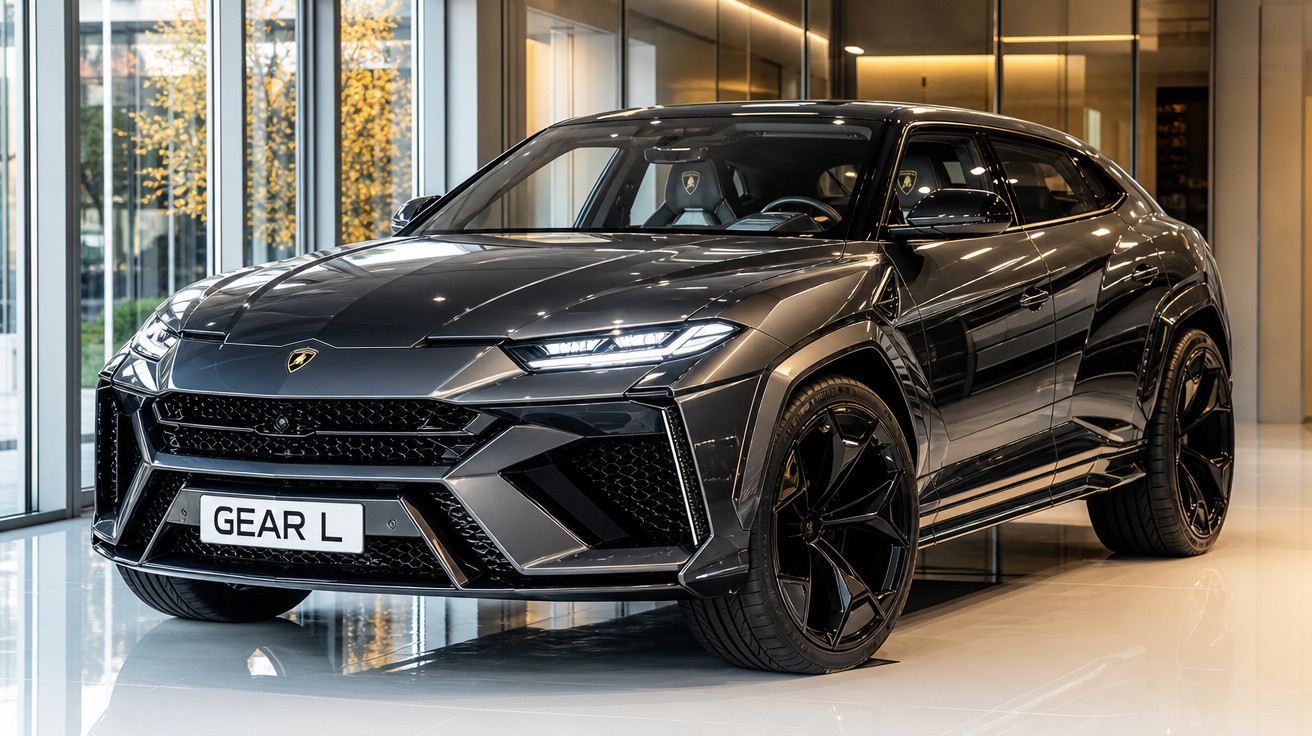 SUV esportivo Lamborghini Urus preto exibido em ambiente interno moderno, com rodas grandes e design agressivo.