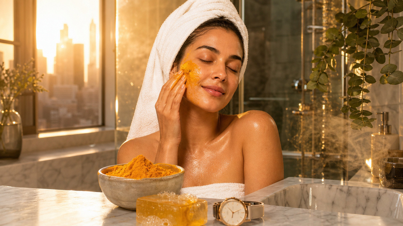 Mulher aplicando máscara facial de cor amarela no rosto, com toalha no cabelo, em banheiro iluminado.