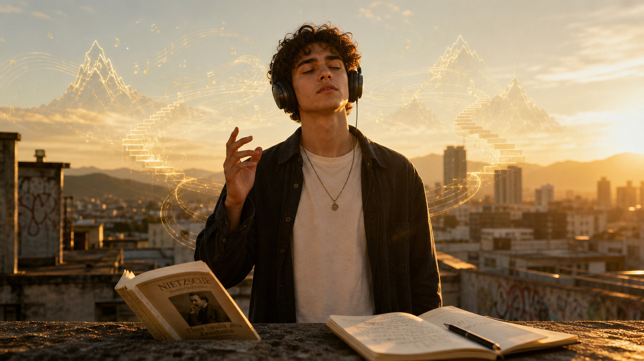 Jovem ouvindo música com fones, olhos fechados, lendo livro de Nietzsche ao pôr do sol na cidade.