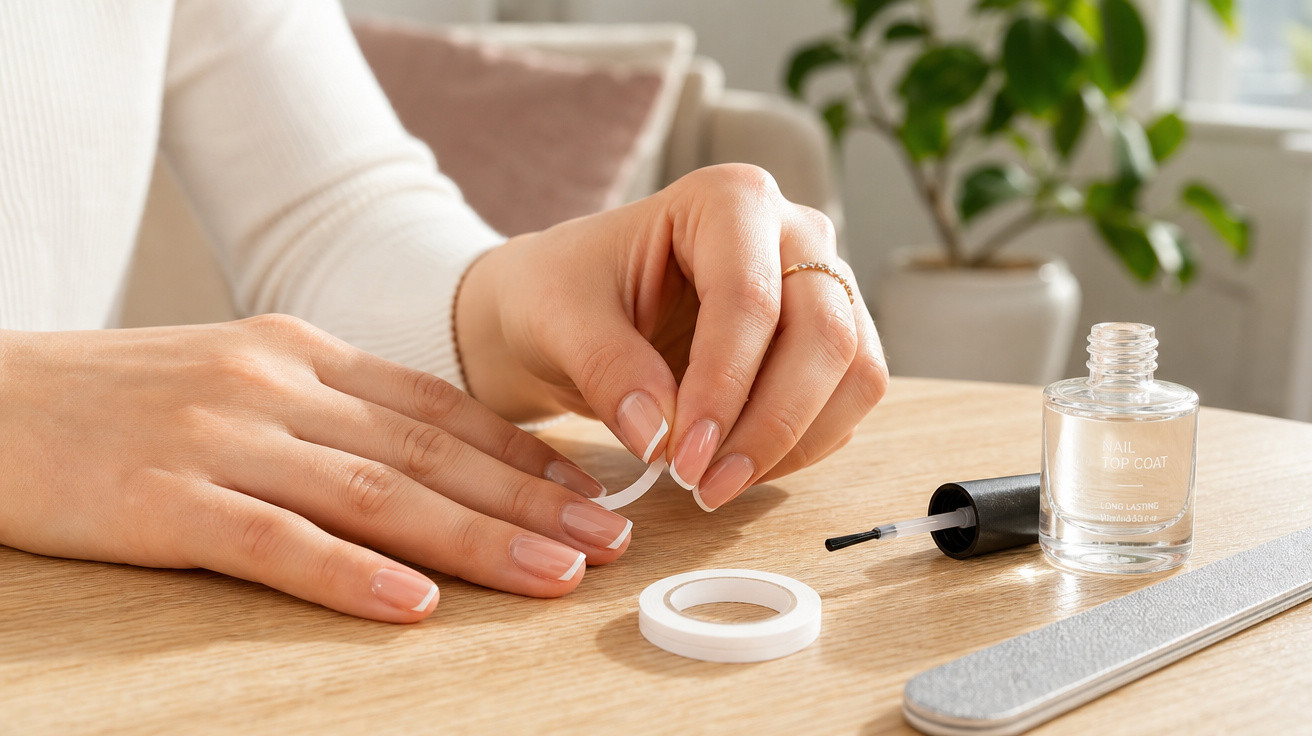 Mãos femininas aplicando fita para unha decorada com esmalte, lixa e removedor sobre mesa de madeira.