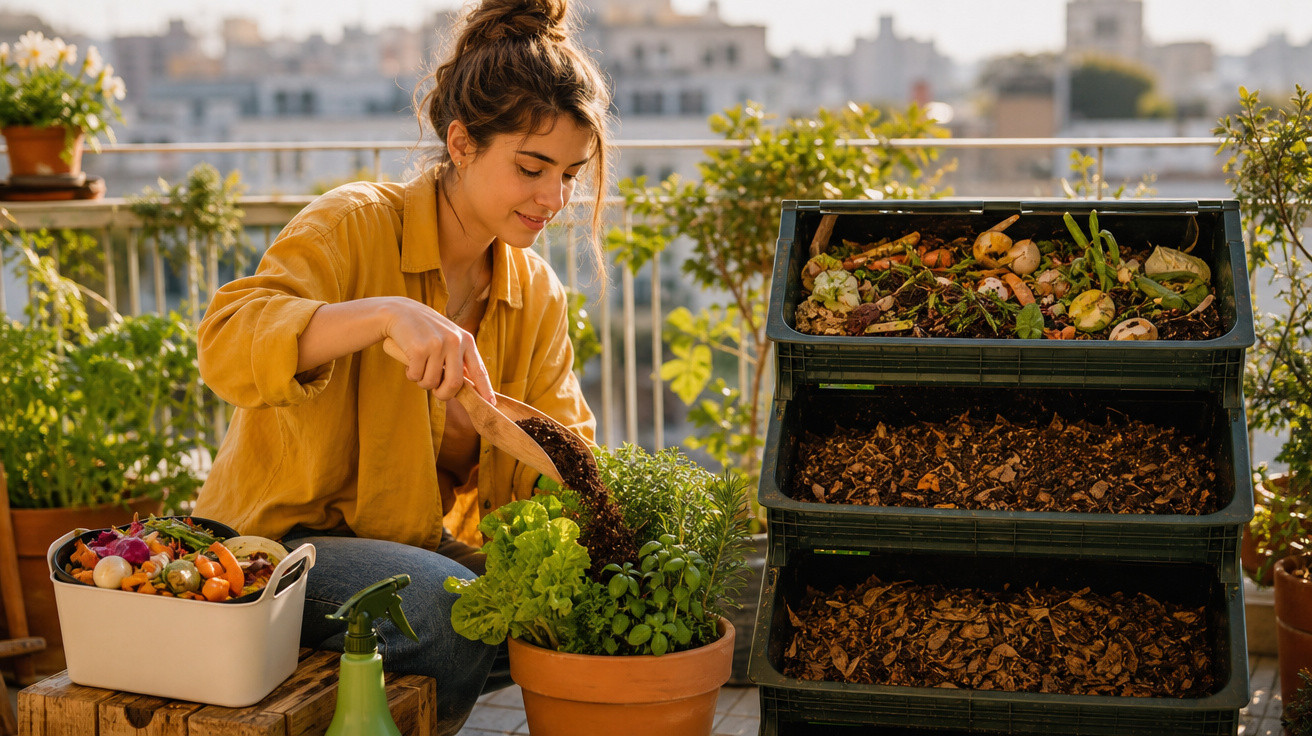 Mulher regando planta e preparando compostagem em varanda ensolarada com vegetação ao redor.