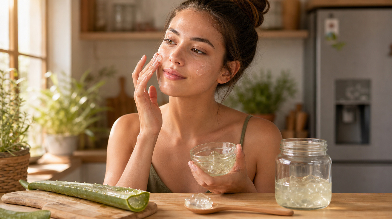 Mulher aplicando gel de aloe vera no rosto em cozinha iluminada, com folhas na mesa de madeira.