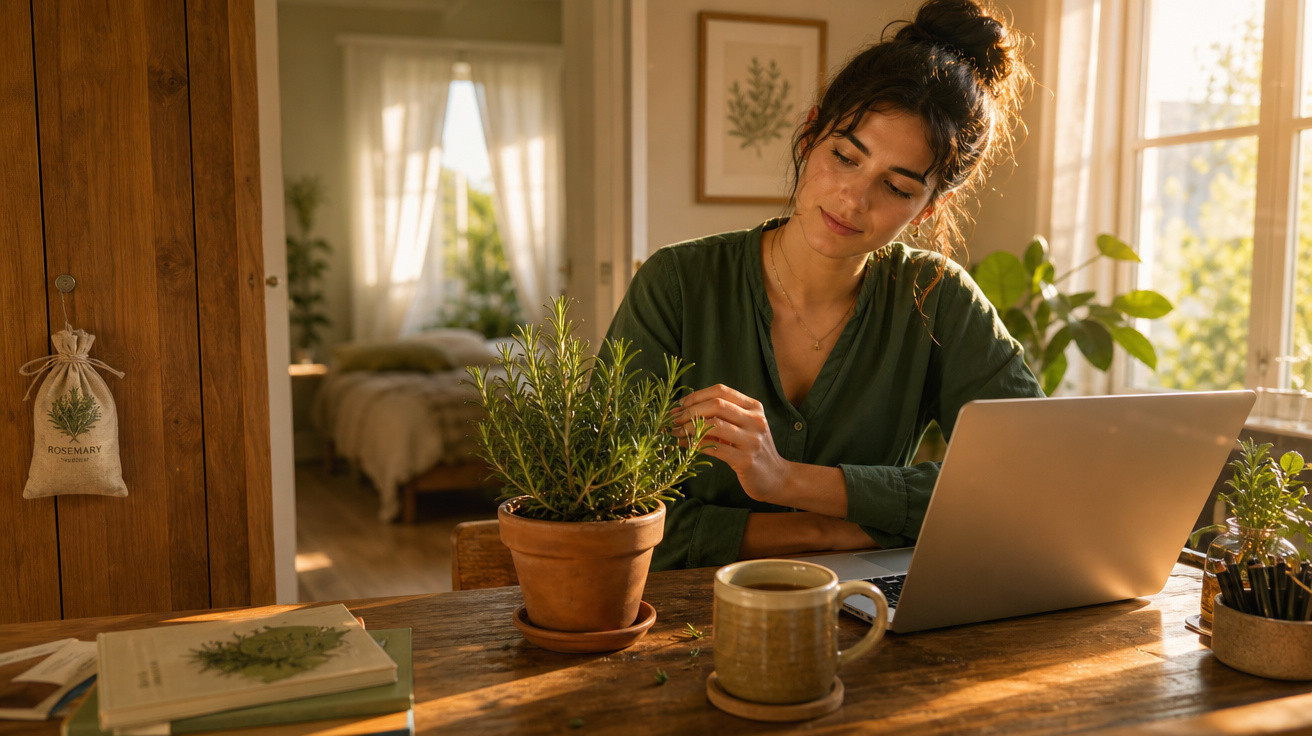 Mulher cuidando de planta em vaso enquanto trabalha com laptop em uma mesa de madeira iluminada pelo sol.