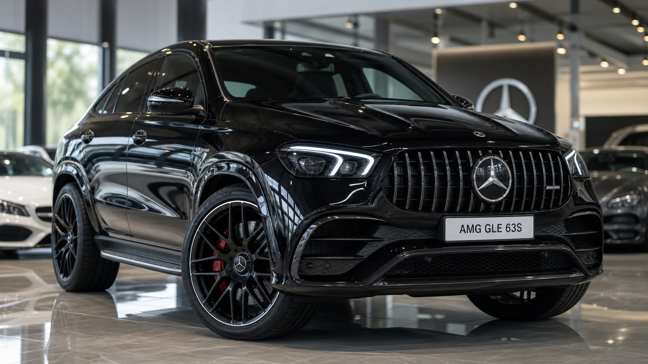 Mercedes-Benz AMG GLE 63S preto exibido em showroom com acabamento brilhante e rodas esportivas.