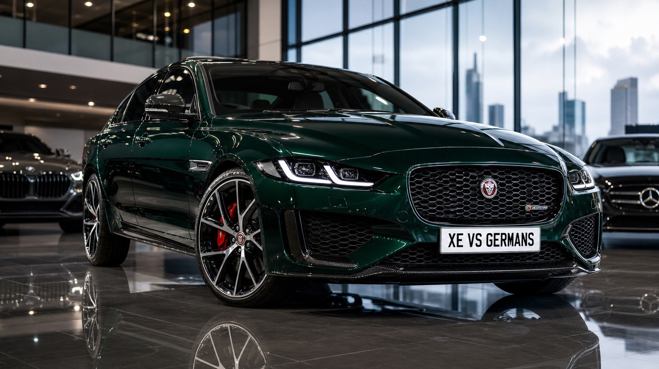 Carro esportivo Jaguar verde escuro exibido em showroom moderno com piso brilhante e carros ao fundo.