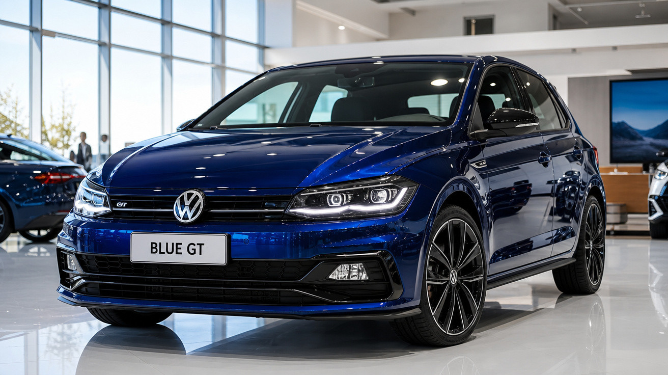 Carro Volkswagen hatch azul modelo Blue GT em showroom com iluminação natural.