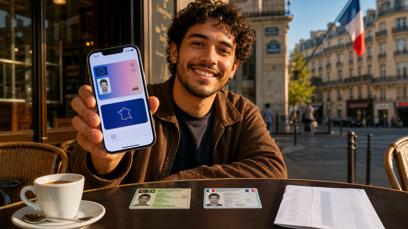 Homem sorridente mostra carteira digital no celular sentado em cafeteria com documentos e xícara de café na mesa.