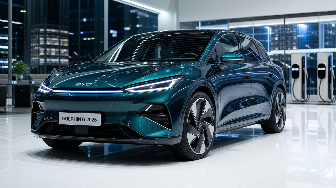 Carro elétrico BYD Dolphin G 2026 verde exposto em showroom moderno à noite.