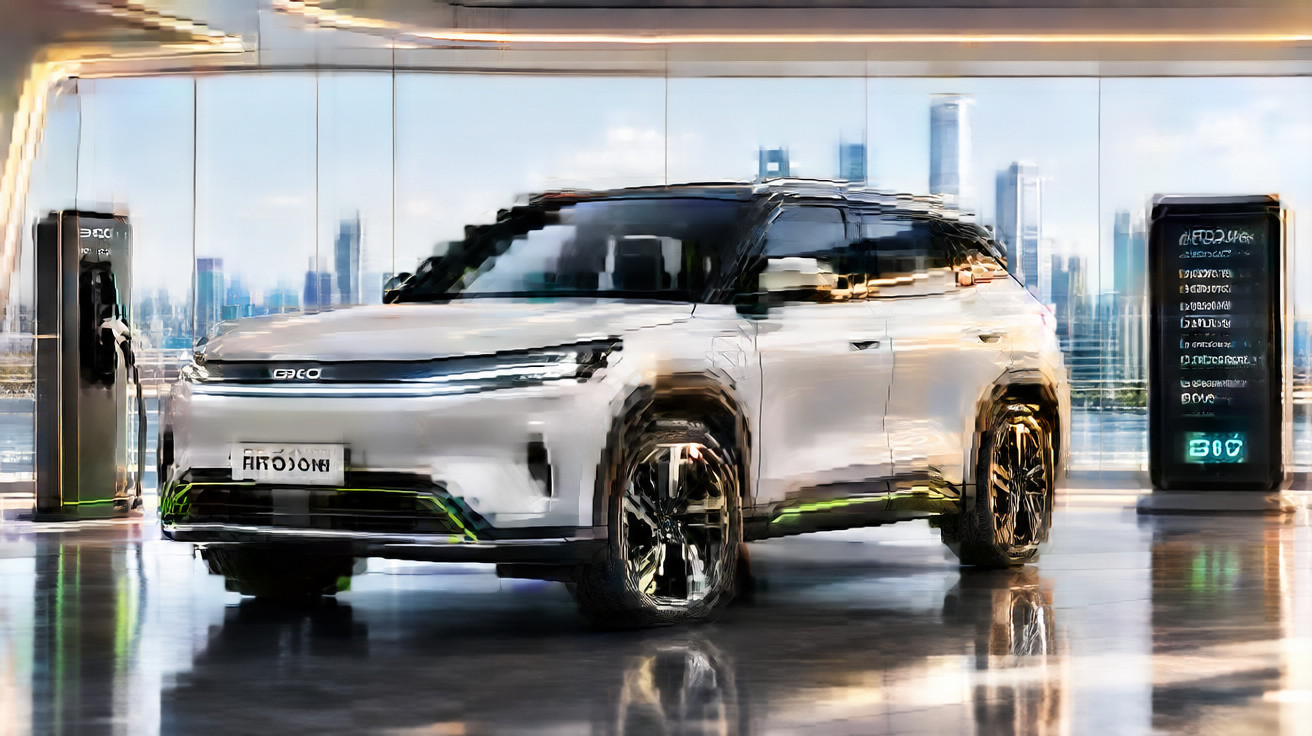Carro elétrico branco estacionado em posto de recarga com cidade ao fundo.