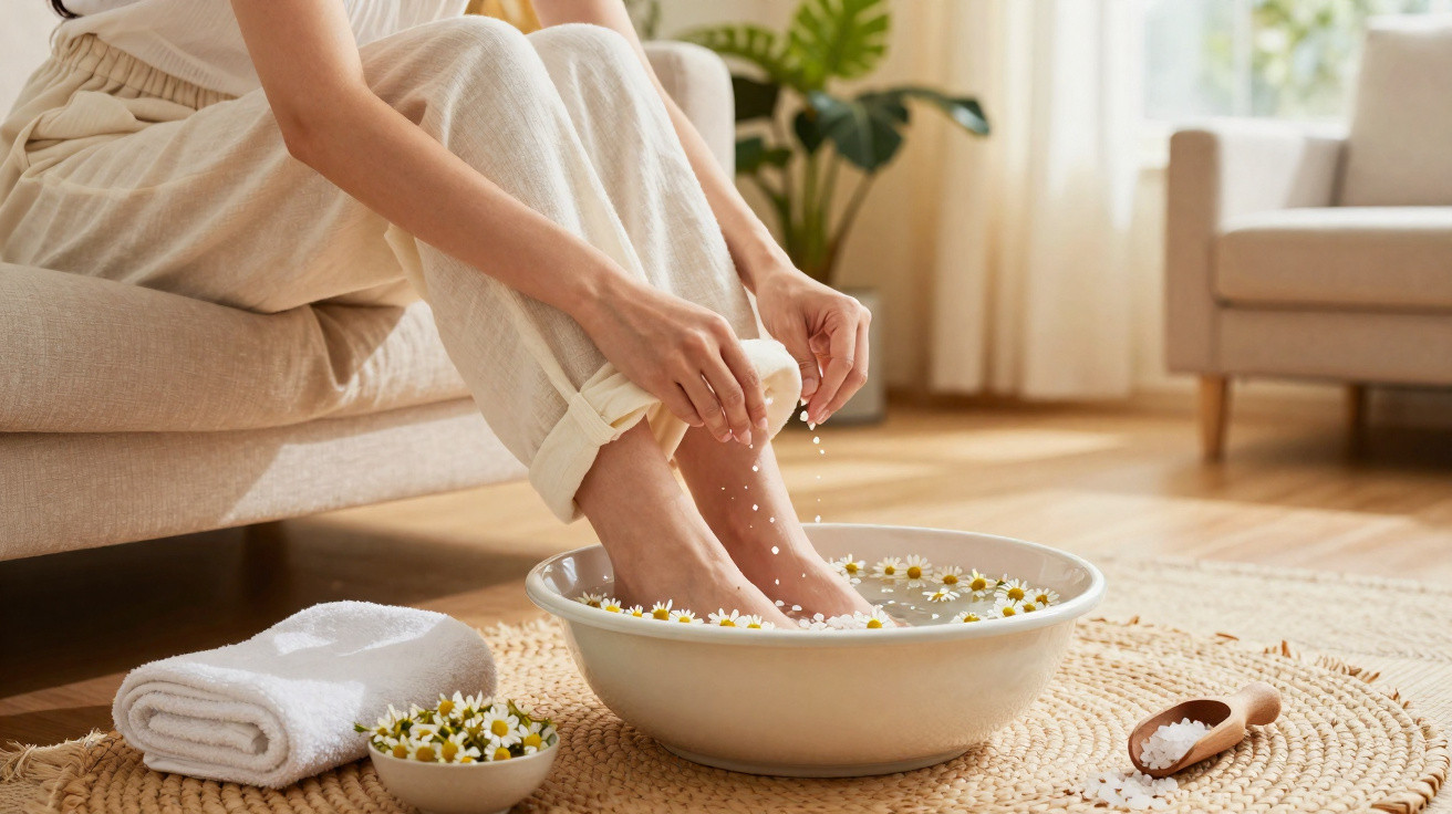 Pessoa fazendo escalda-pés com água e flores em ambiente iluminado e decorado de forma aconchegante.