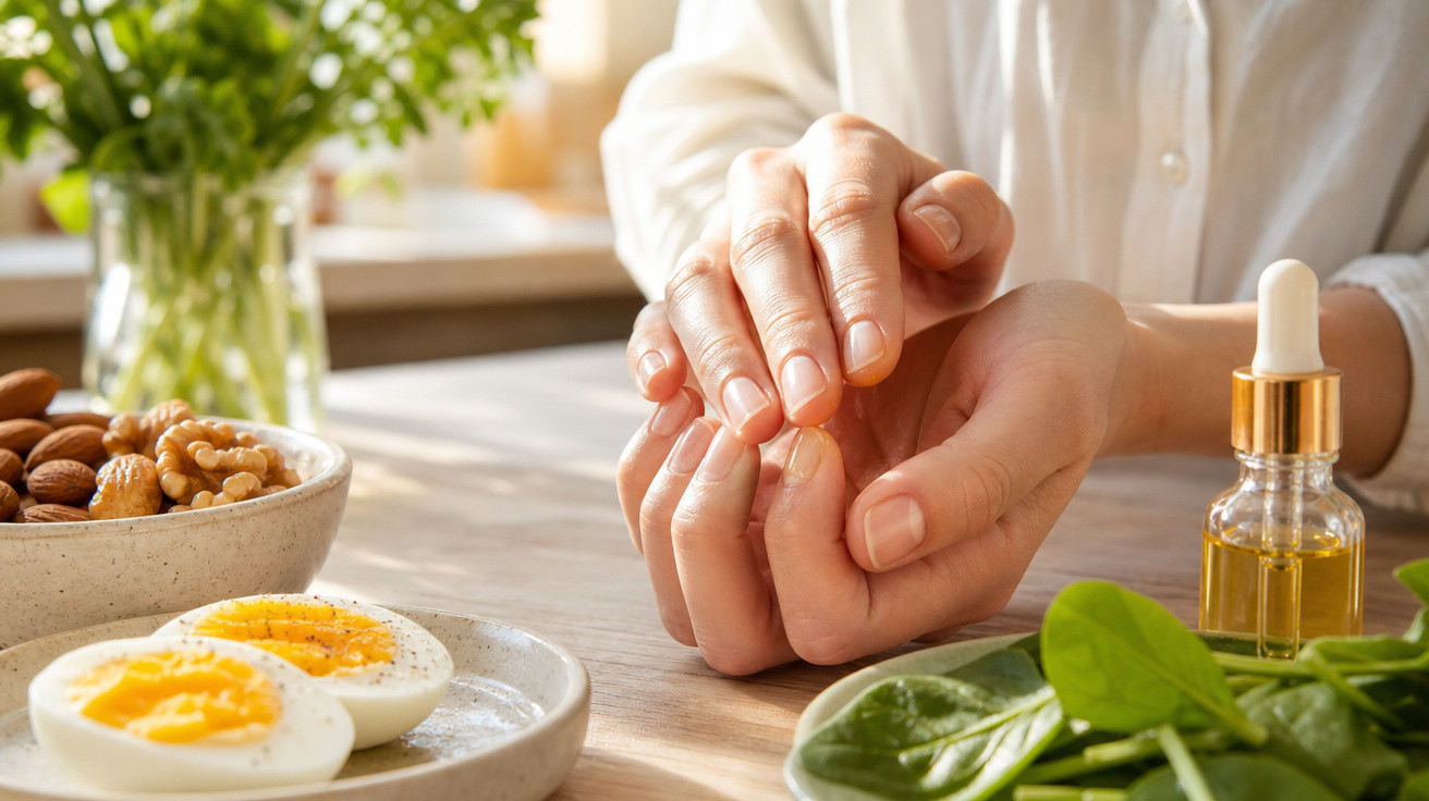 Mãos femininas sendo massageadas com óleo, cercadas por ovos, nozes e folhas verdes sobre a mesa.