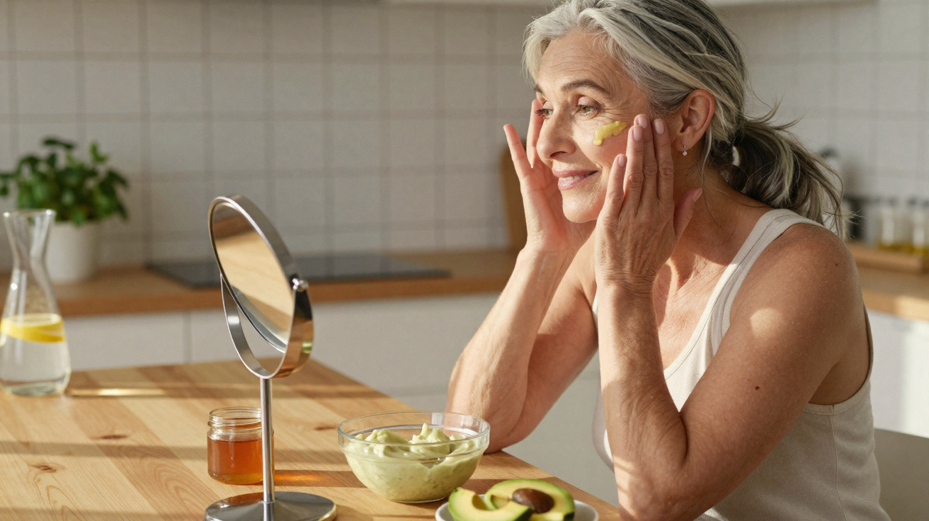 Mulher sorridente aplicando creme facial ao lado de espelho, com abacate e mel na mesa.