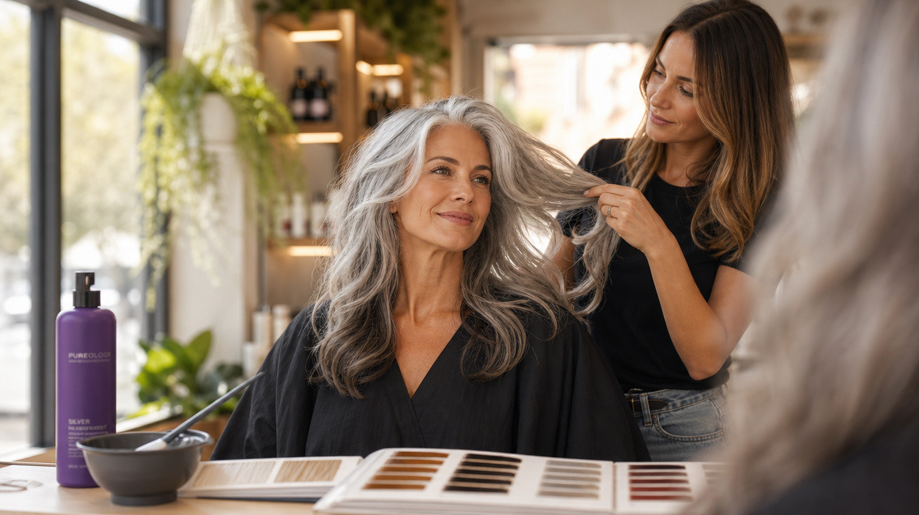 Mulher com cabelo grisalho sendo atendida por cabeleireira em salão, com catálogo de cores à frente.