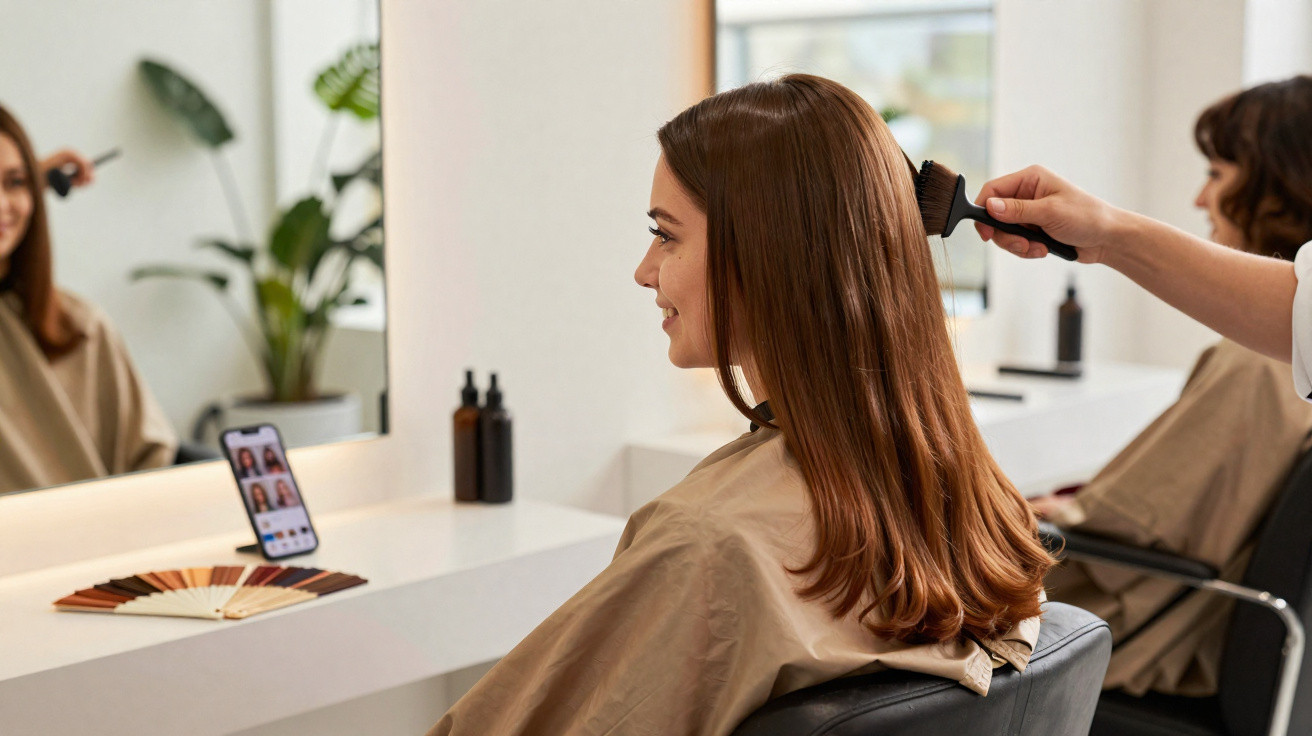Mulher sorrindo sentada em salão de beleza enquanto cabeleireiro escova seu cabelo.