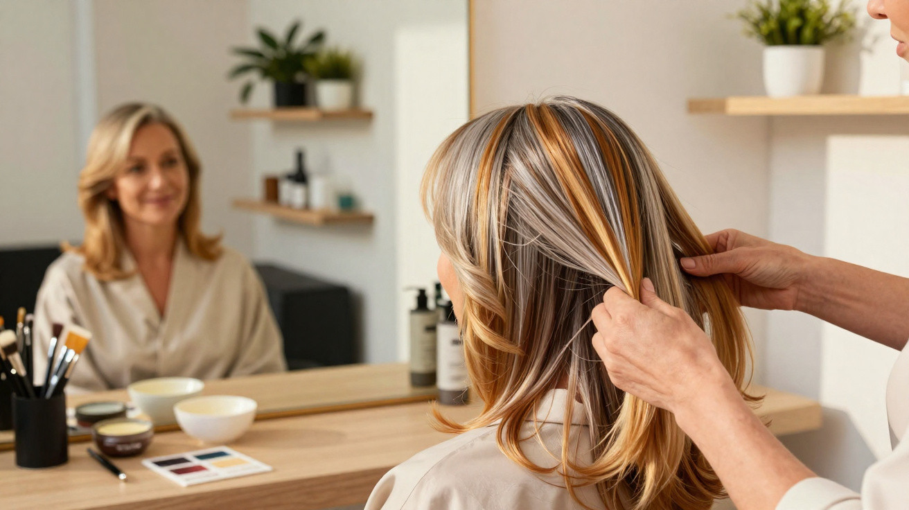 Mulher loira sendo atendida em salão de beleza, com cabeleireiro arrumando seu cabelo na frente do espelho.