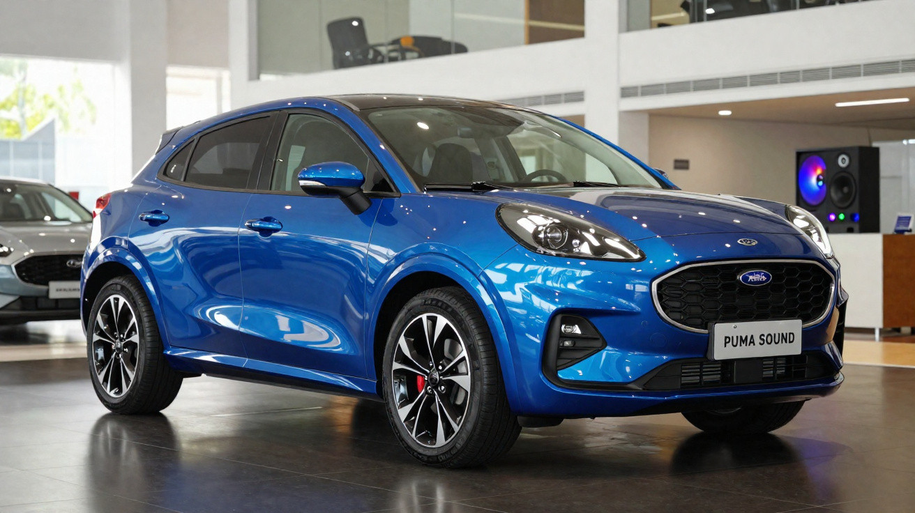 Carro SUV azul Ford Puma Sound mostrado em showroom moderno e iluminado.
