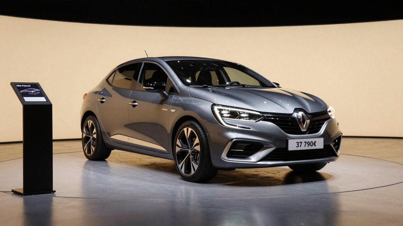Carro Renault cinza metálico exposto em salão com placa frontal 37 790€ e plaquinha informativa ao lado.