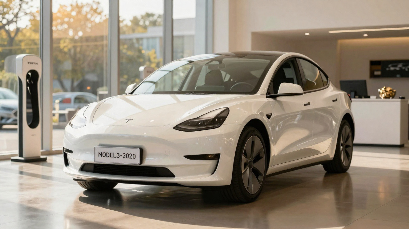 Carro elétrico Tesla Model 3 branco ano 2020 em showroom com carregador ao fundo.