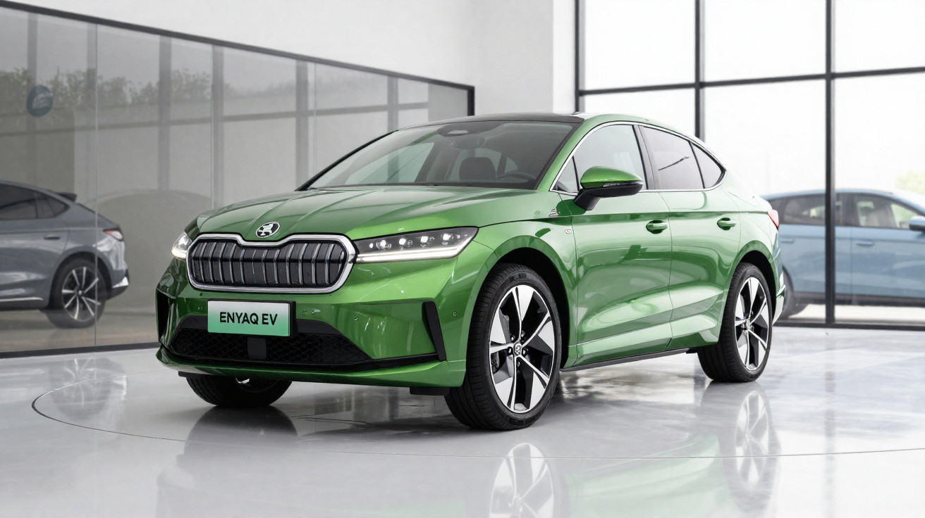 Carro elétrico verde Škoda Enyaq EV em showroom moderno com paredes de vidro.