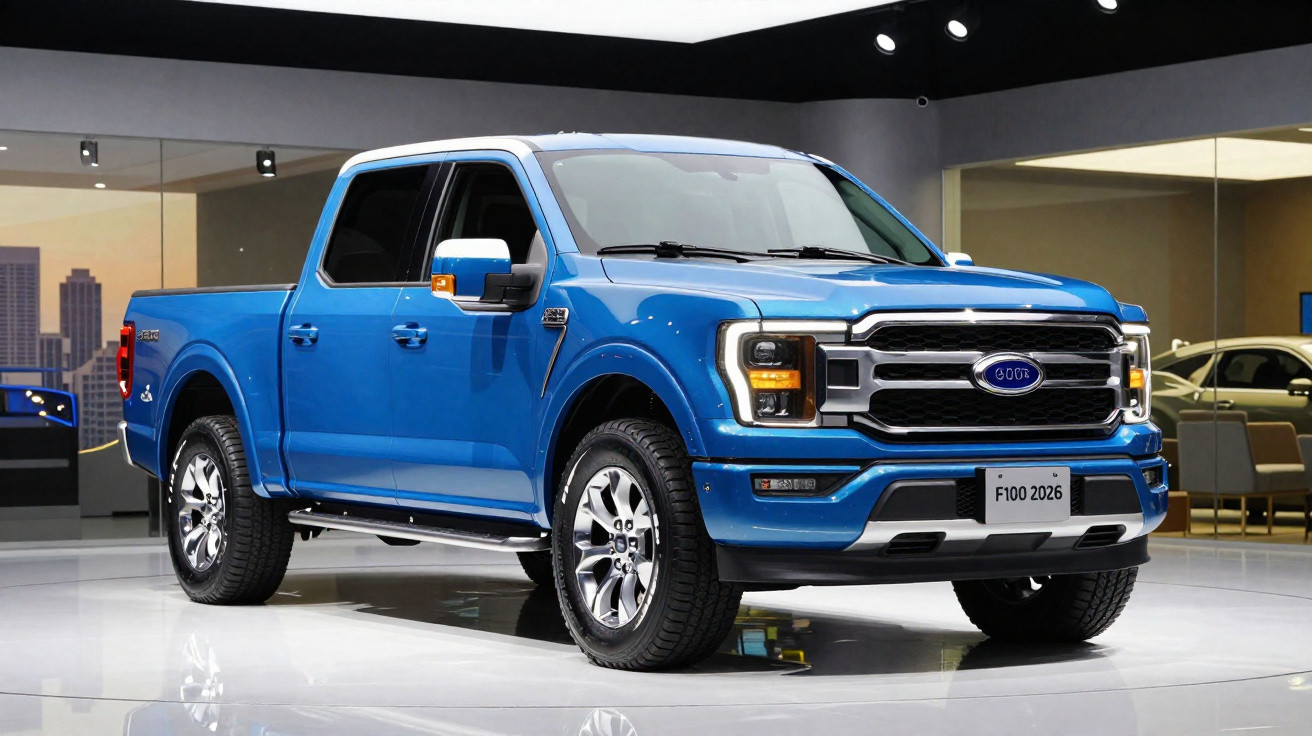 Picape Ford F-100 2026 azul exibida em salão de automóveis moderno com iluminação artificial.