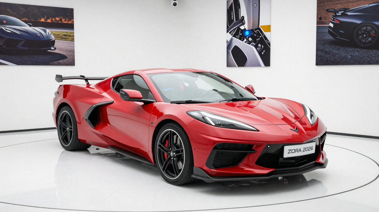 Carro esportivo vermelho Zora 2026 exibido em showroom branco com fotos de outros carros ao fundo.