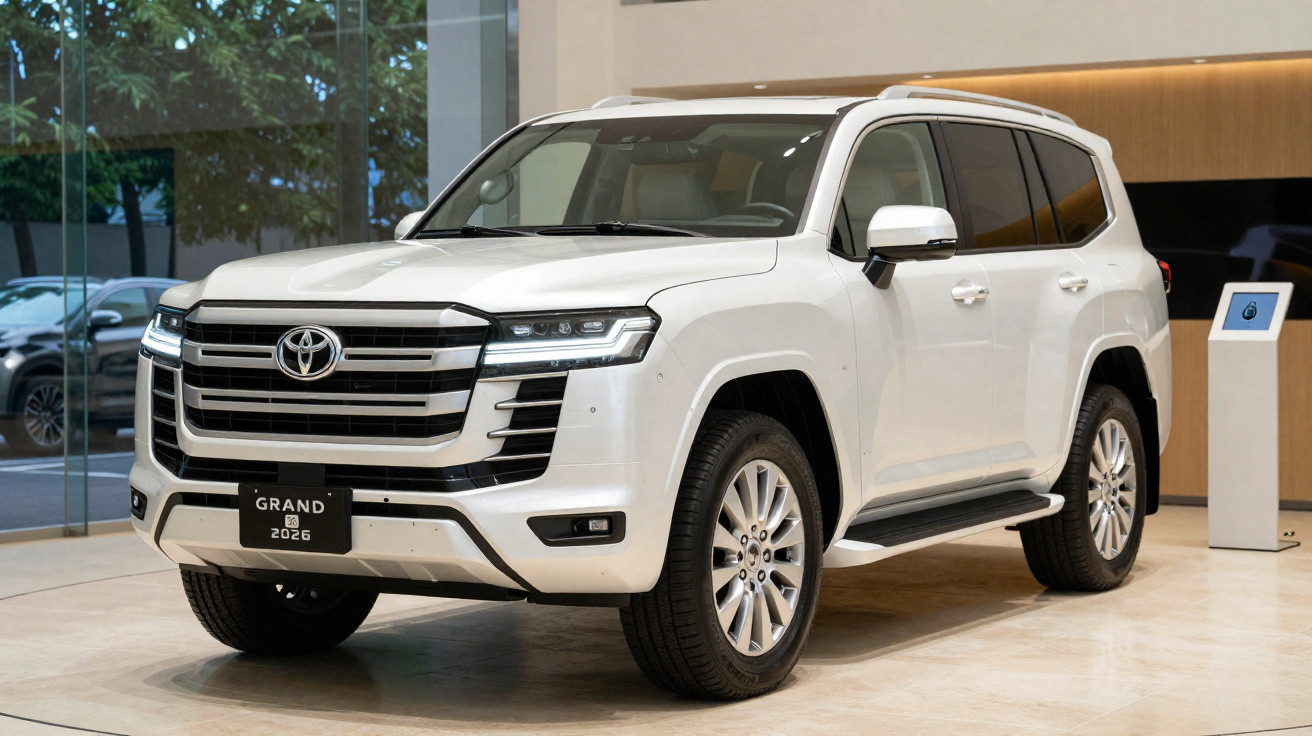 SUV Toyota Land Cruiser branco 2026 em showroom moderno com piso claro e paredes de vidro.