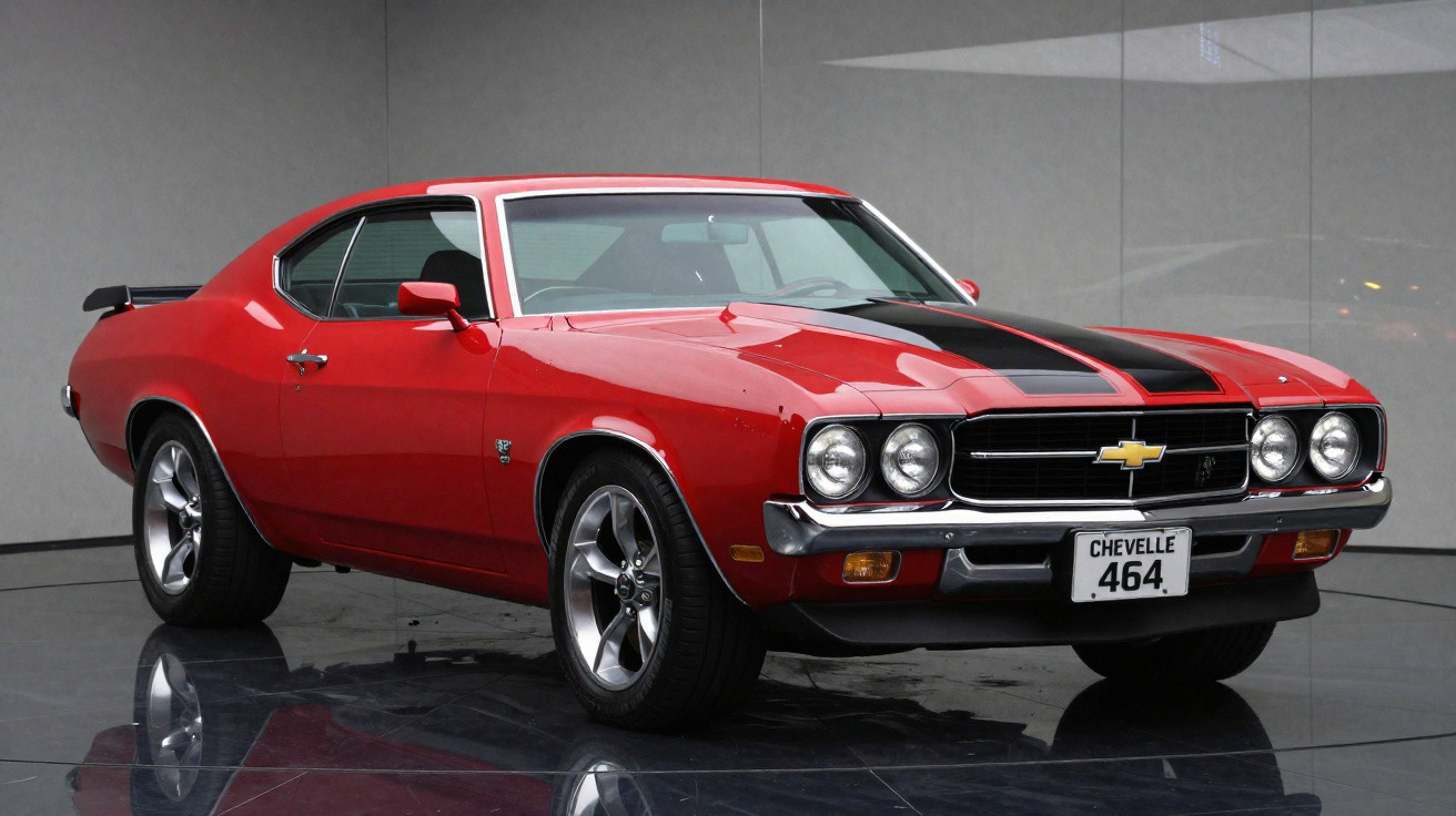 Chevrolet Chevelle vermelho com faixa preta no capô, carro clássico com rodas de liga leve, visto de frente e lado.