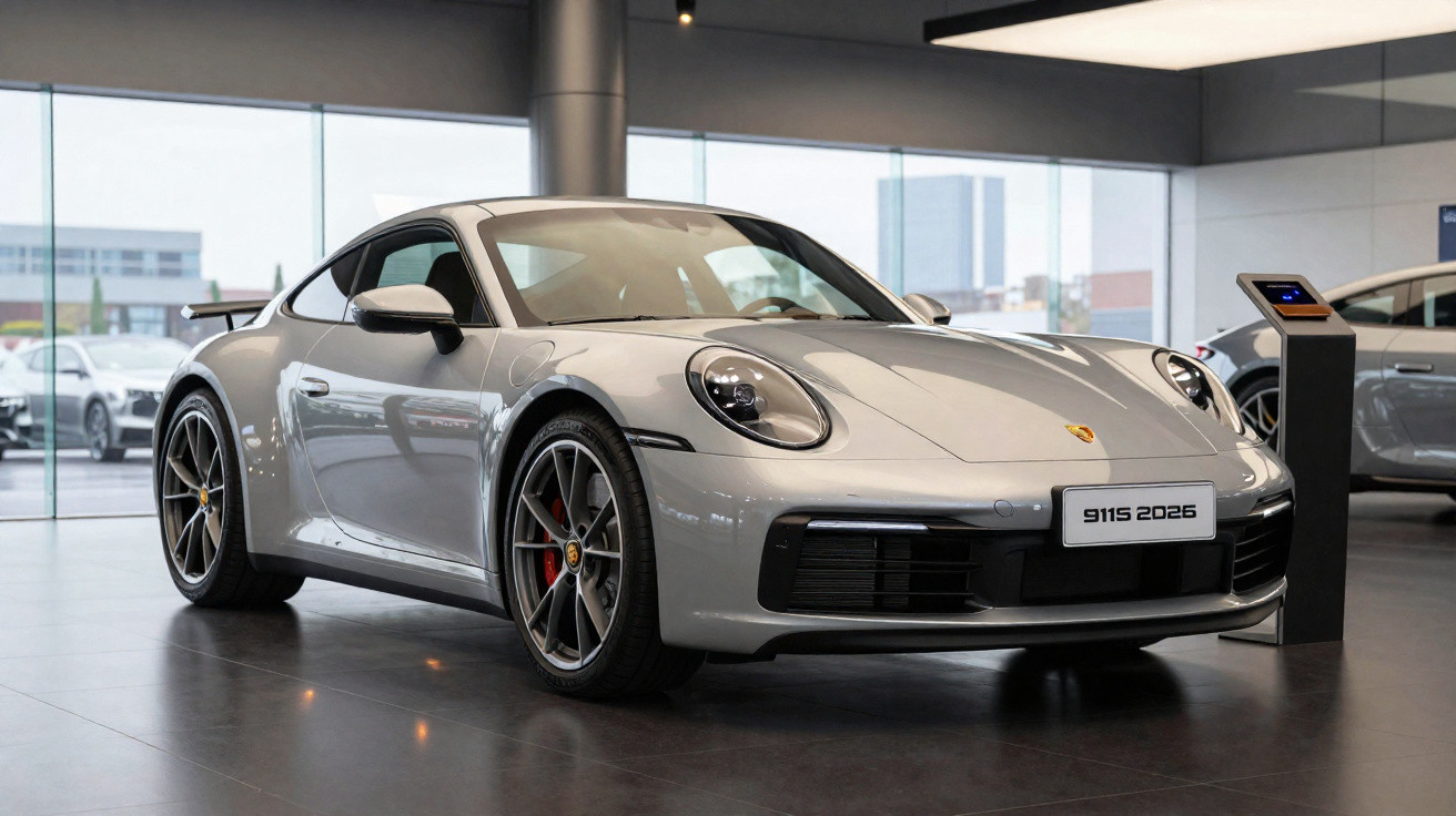 Carro esportivo prata Porsche 911 2026 exibido em showroom moderno com piso escuro e paredes de vidro.
