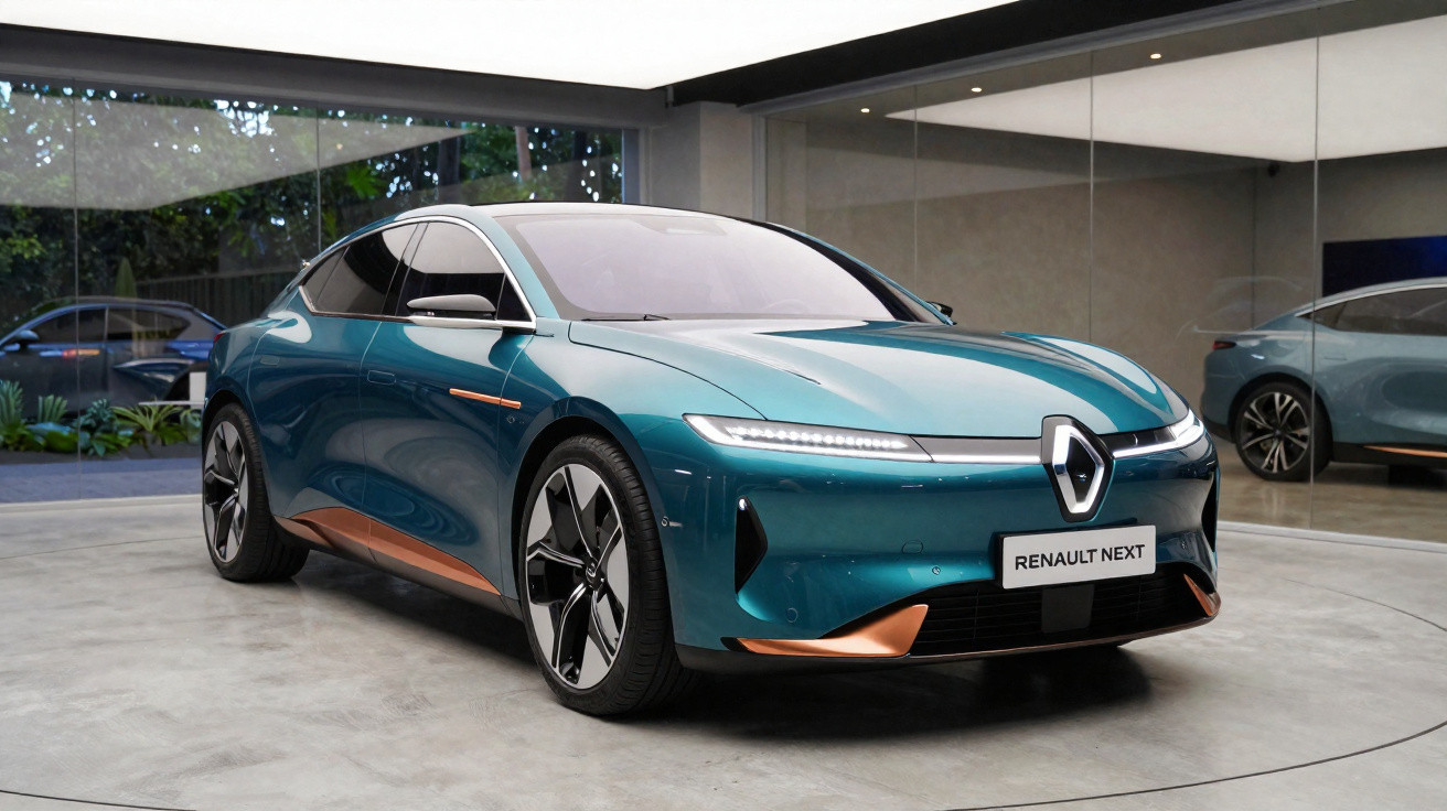 Carro elétrico Renault Next azul com detalhes em cobre estacionado em showroom moderno e iluminado.