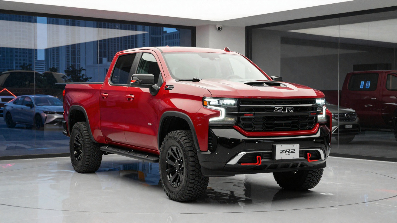 Picape Chevrolet Silverado ZR2 vermelha em exposição em ambiente moderno e iluminado.