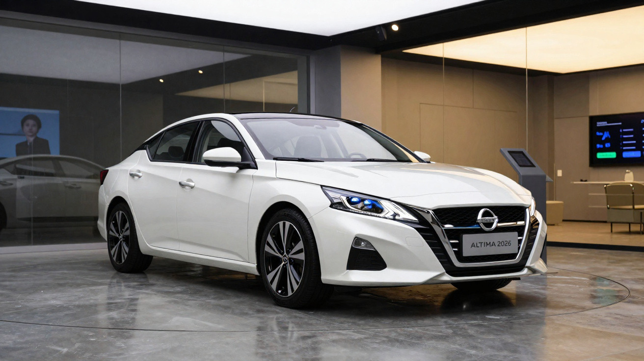 Carro Nissan Altima 2026 branco em exposição em showroom moderno com piso de concreto.